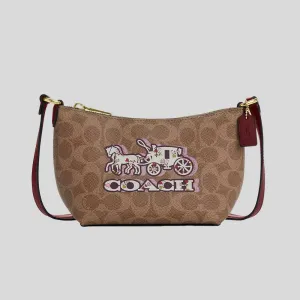Sac bandoulière COACH à fermeture éclair en toile Signature avec motif cheval et carrosse CX606