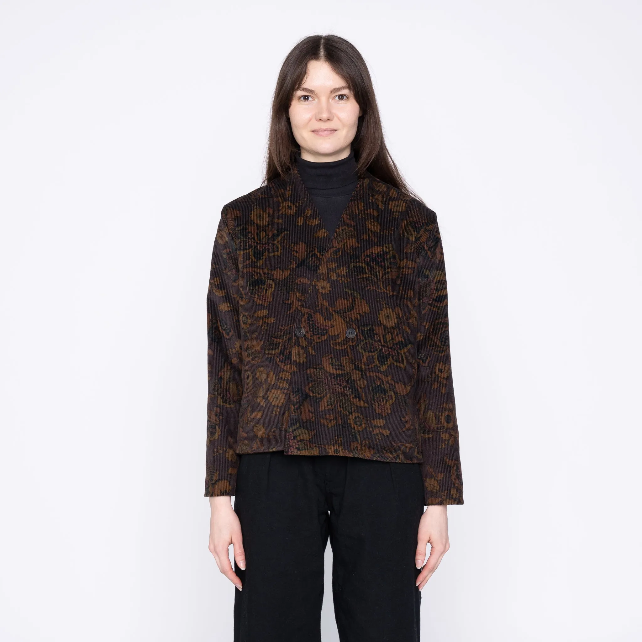 Veste sans col - Velours côtelé à motif Paisley - Marron