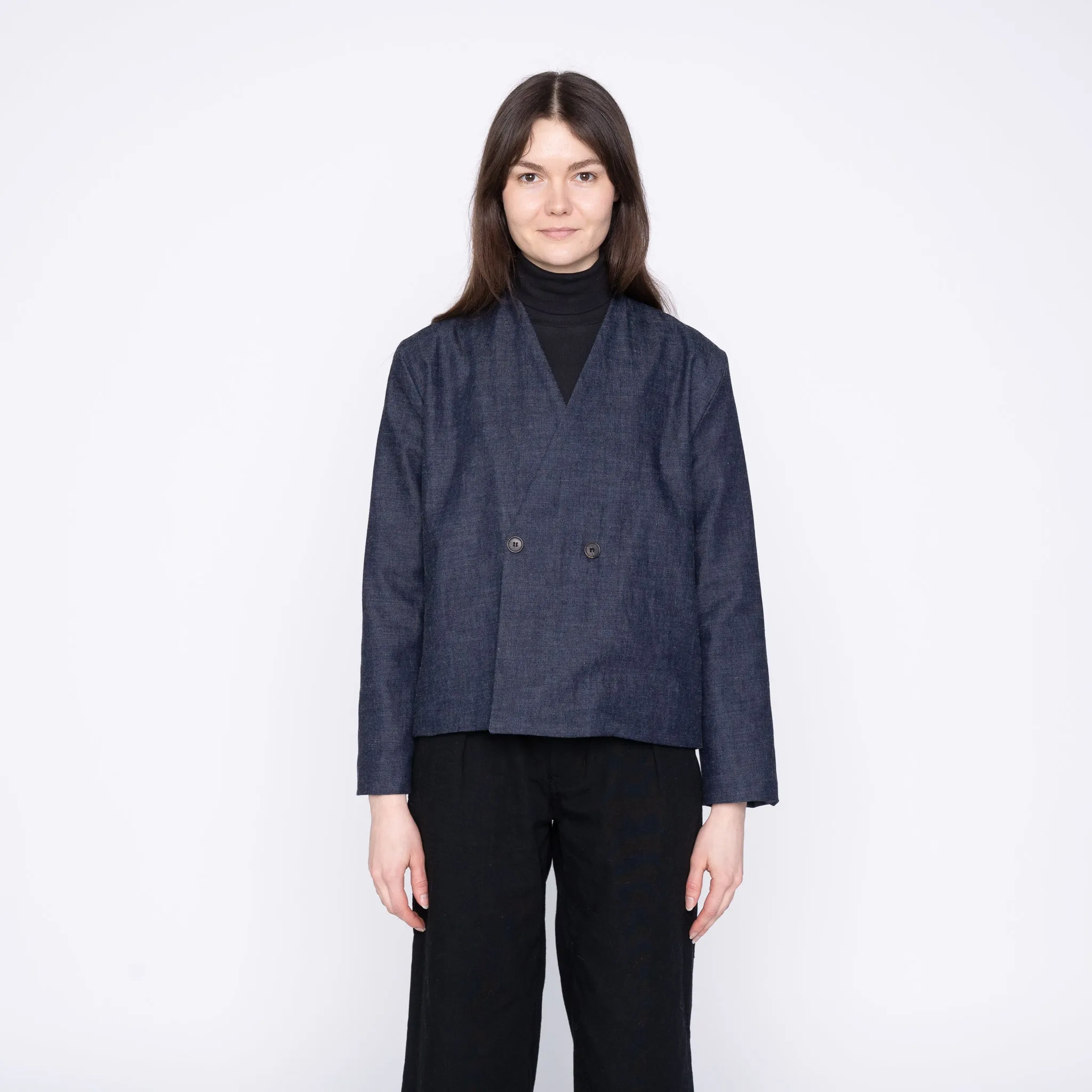 Veste sans col - Effet slub lavé - Indigo