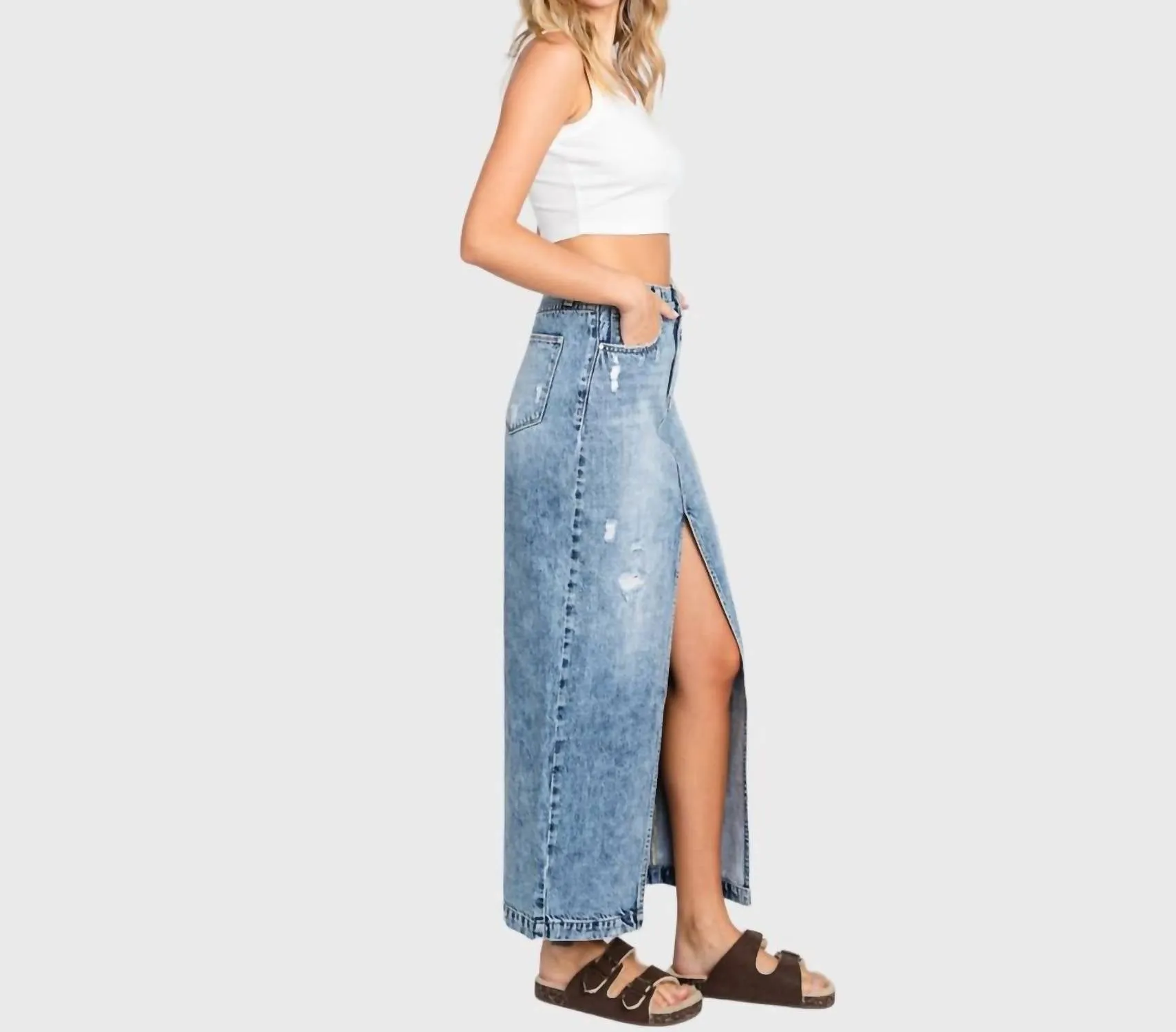 Jupe Maxi Rigide Détruite Avec Fente Ourlet En Taille Moyenne