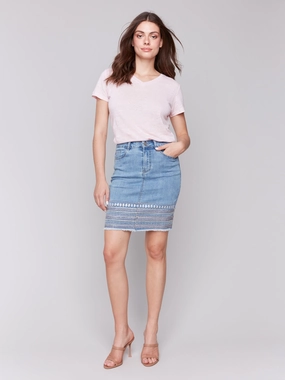 Embroidered Hem Denim Skort - Light Blue