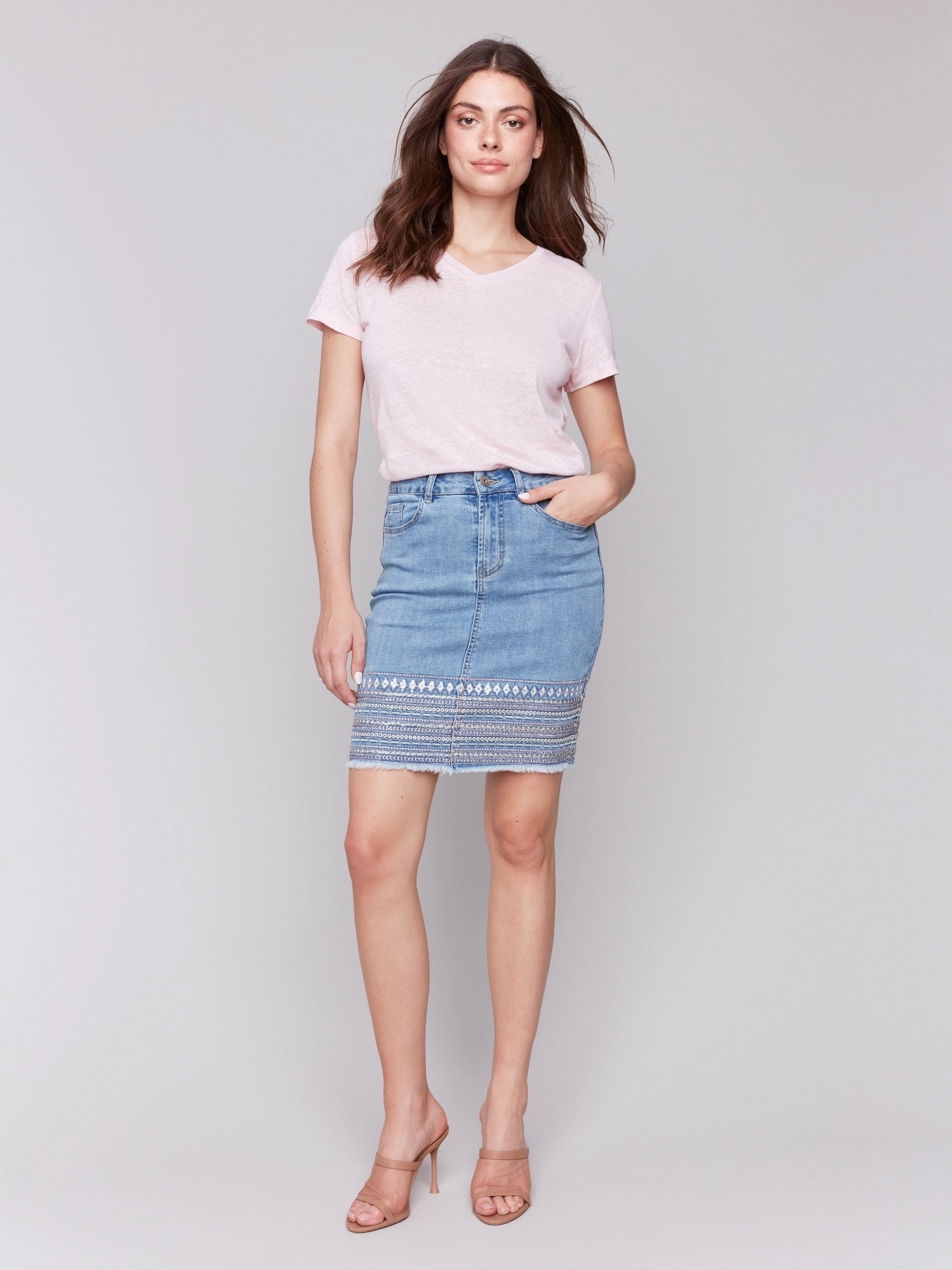 Embroidered Hem Denim Skort - Light Blue
