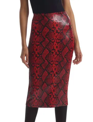 Jupe mi-longue en simili-cuir animal imprimé serpent rouge