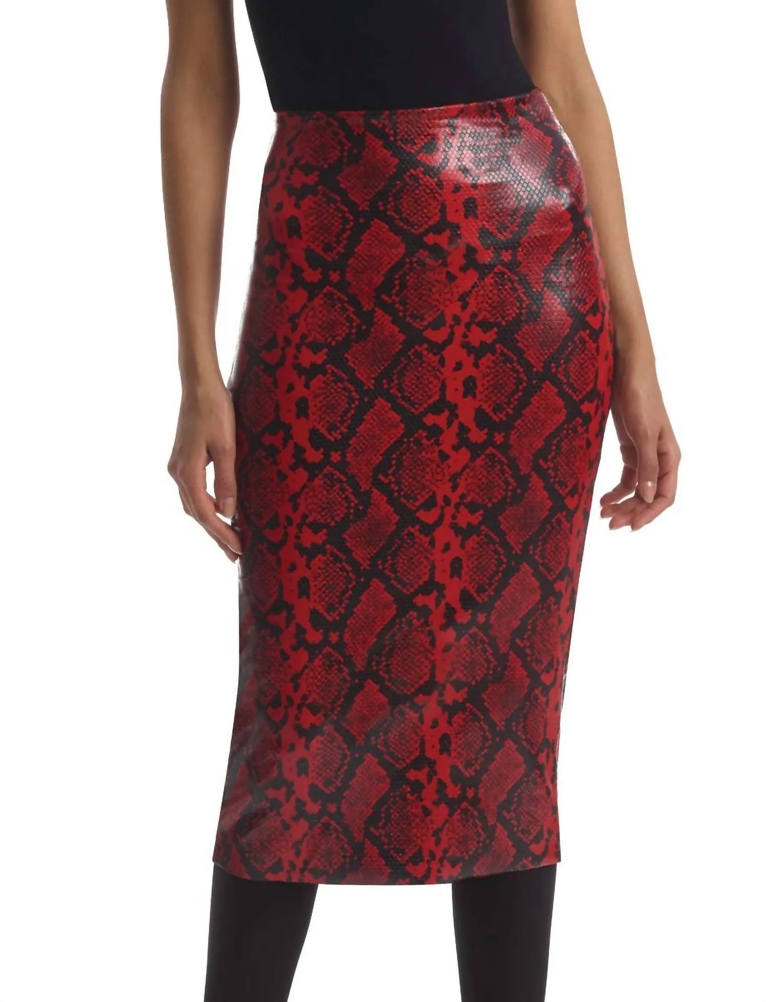 Jupe mi-longue en simili-cuir animal imprimé serpent rouge