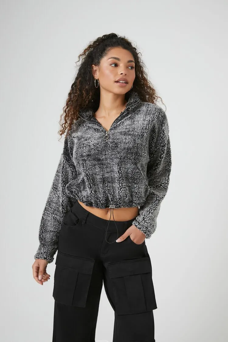 Forever 21 Pull-over femme mi-zip court en fausse peau de mouton/sherpa gris anthracite Forever 21
