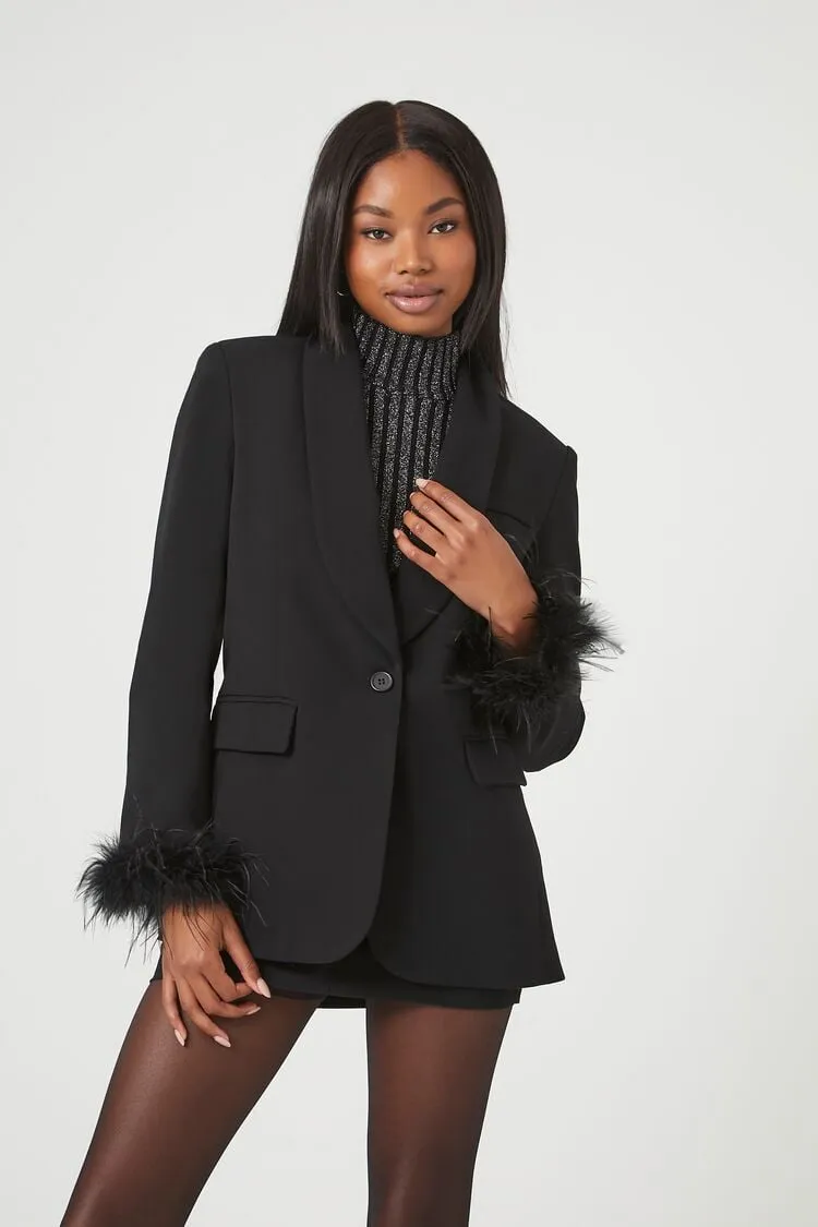 Forever 21 Veste pour Femme à Parement en Fausses Plumes Noir Forever 21
