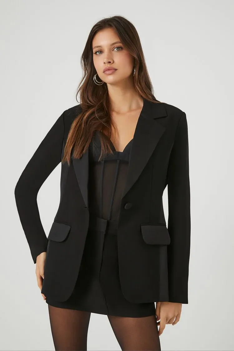 Forever 21 Veste en satin pour femme à un bouton Noir Forever 21
