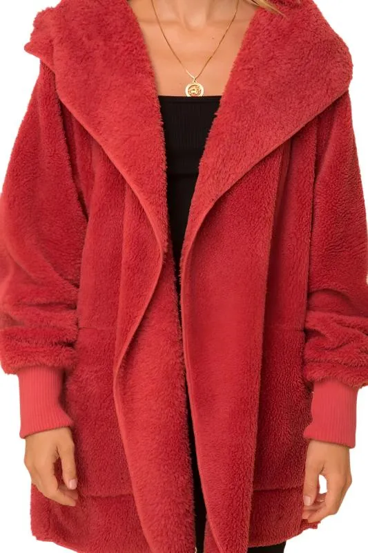 Cardigan à capuche avec poches, tricot pelucheux et devant ouvert Hem & Thread L2394