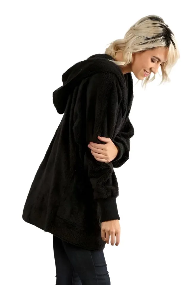 Cardigan à capuche avec poches, tricot pelucheux et devant ouvert Hem & Thread L2394