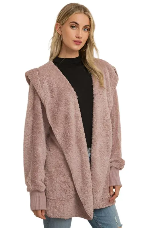 Cardigan à capuche avec poches, tricot pelucheux et devant ouvert Hem & Thread L2394