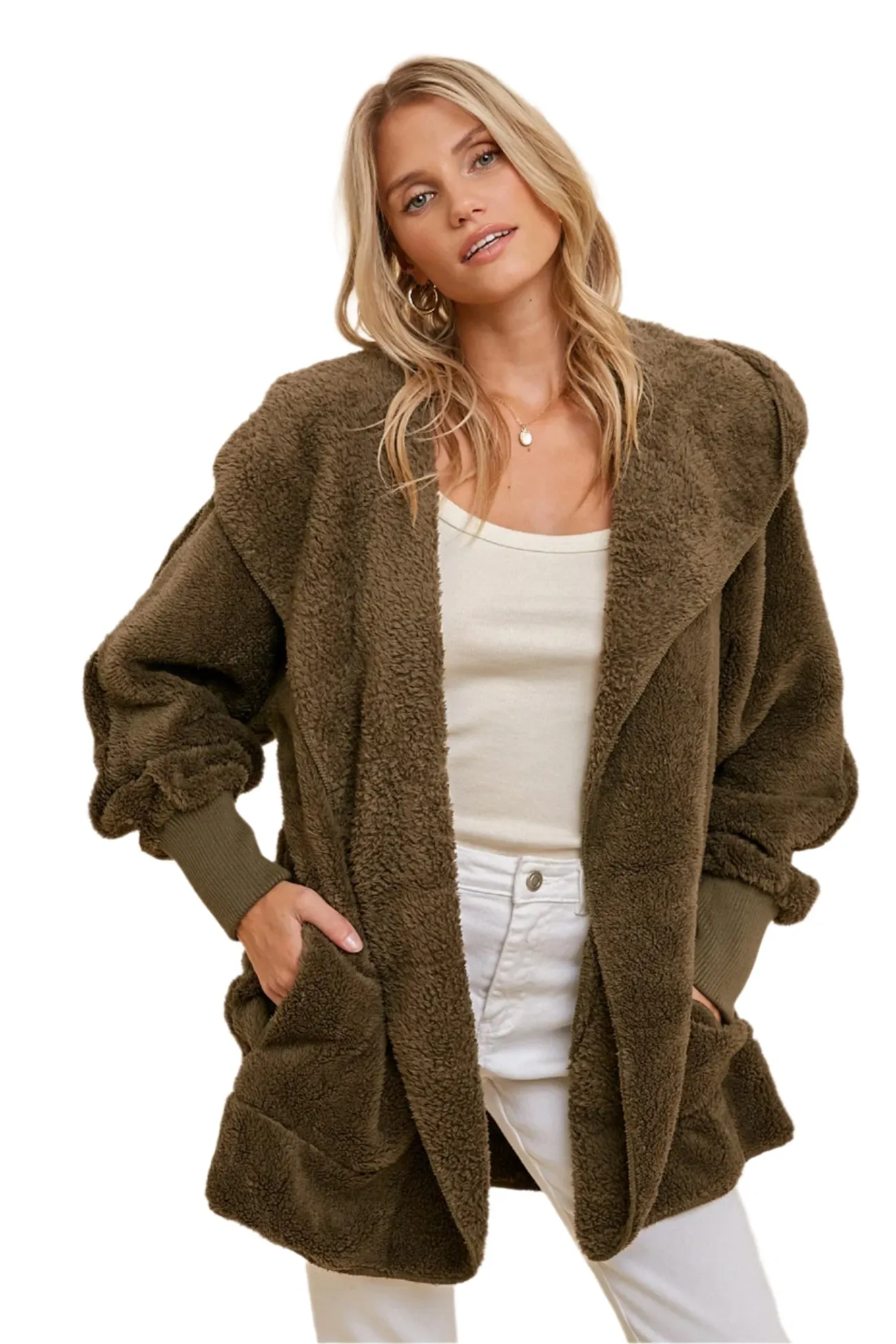 Cardigan à capuche avec poches, tricot pelucheux et devant ouvert Hem & Thread L2394