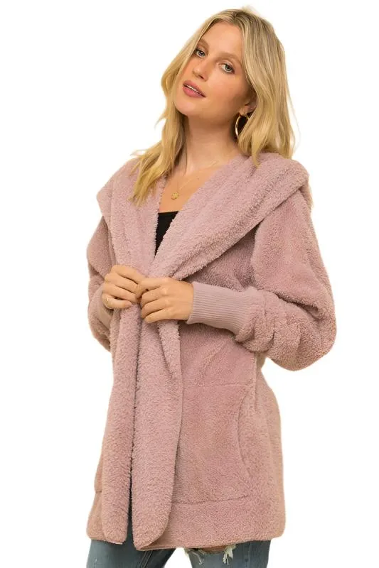 Cardigan à capuche avec poches, tricot pelucheux et devant ouvert Hem & Thread L2394