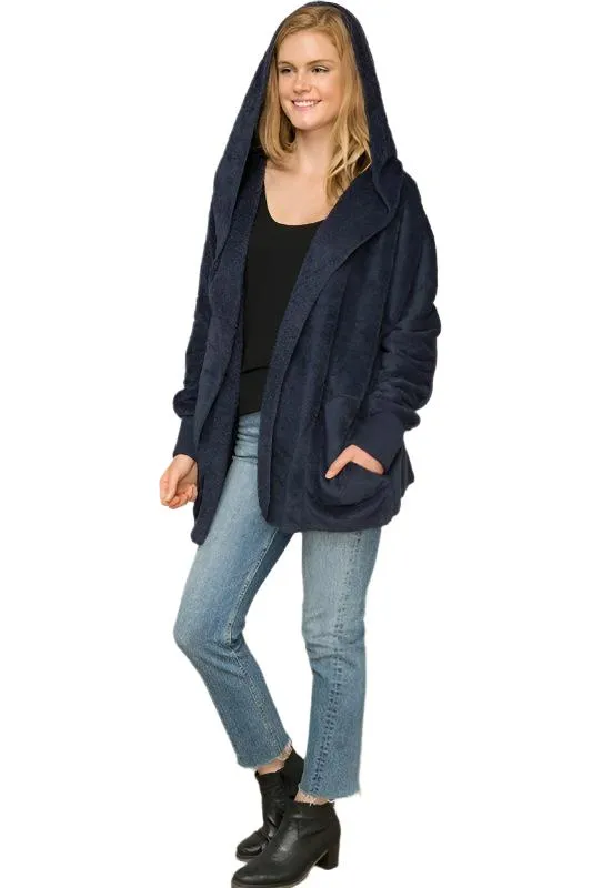 Cardigan à capuche avec poches, tricot pelucheux et devant ouvert Hem & Thread L2394