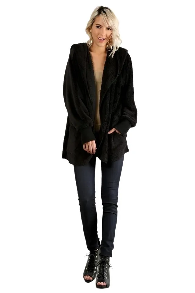 Cardigan à capuche avec poches, tricot pelucheux et devant ouvert Hem & Thread L2394