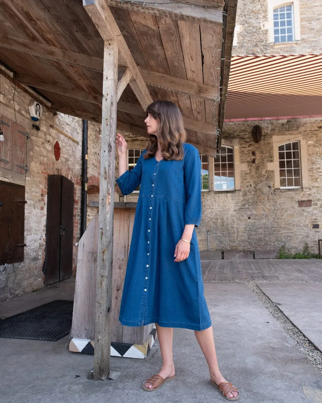 Robe mi-longue en coton pour femme Jane | Denim texturé