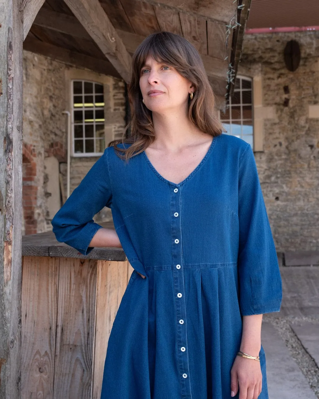 Robe mi-longue en coton pour femme Jane | Denim texturé