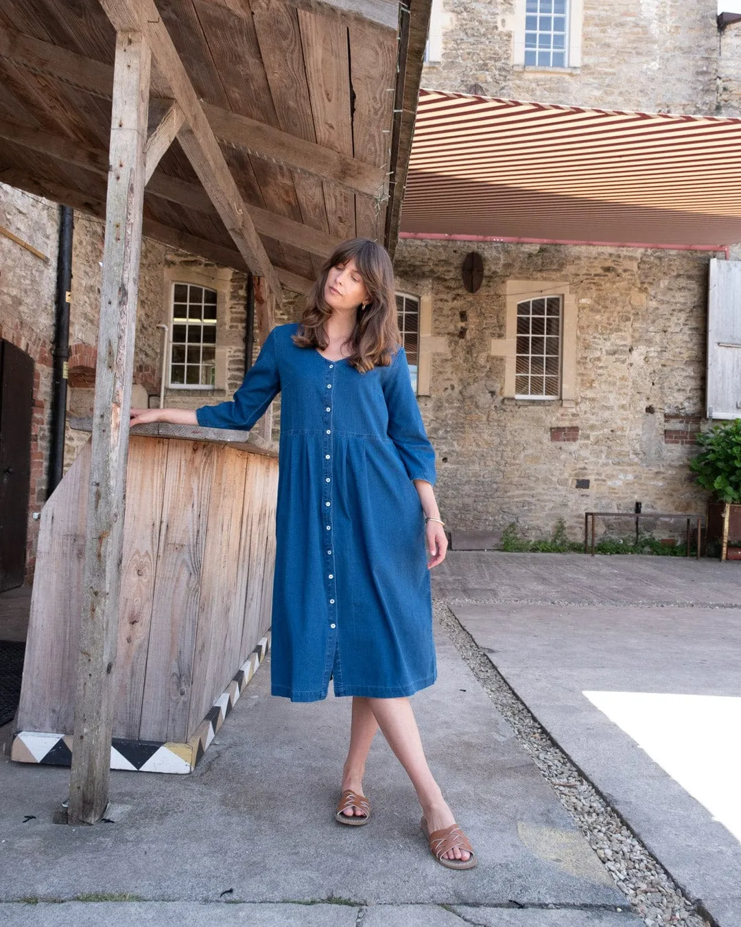 Robe mi-longue en coton pour femme Jane | Denim texturé