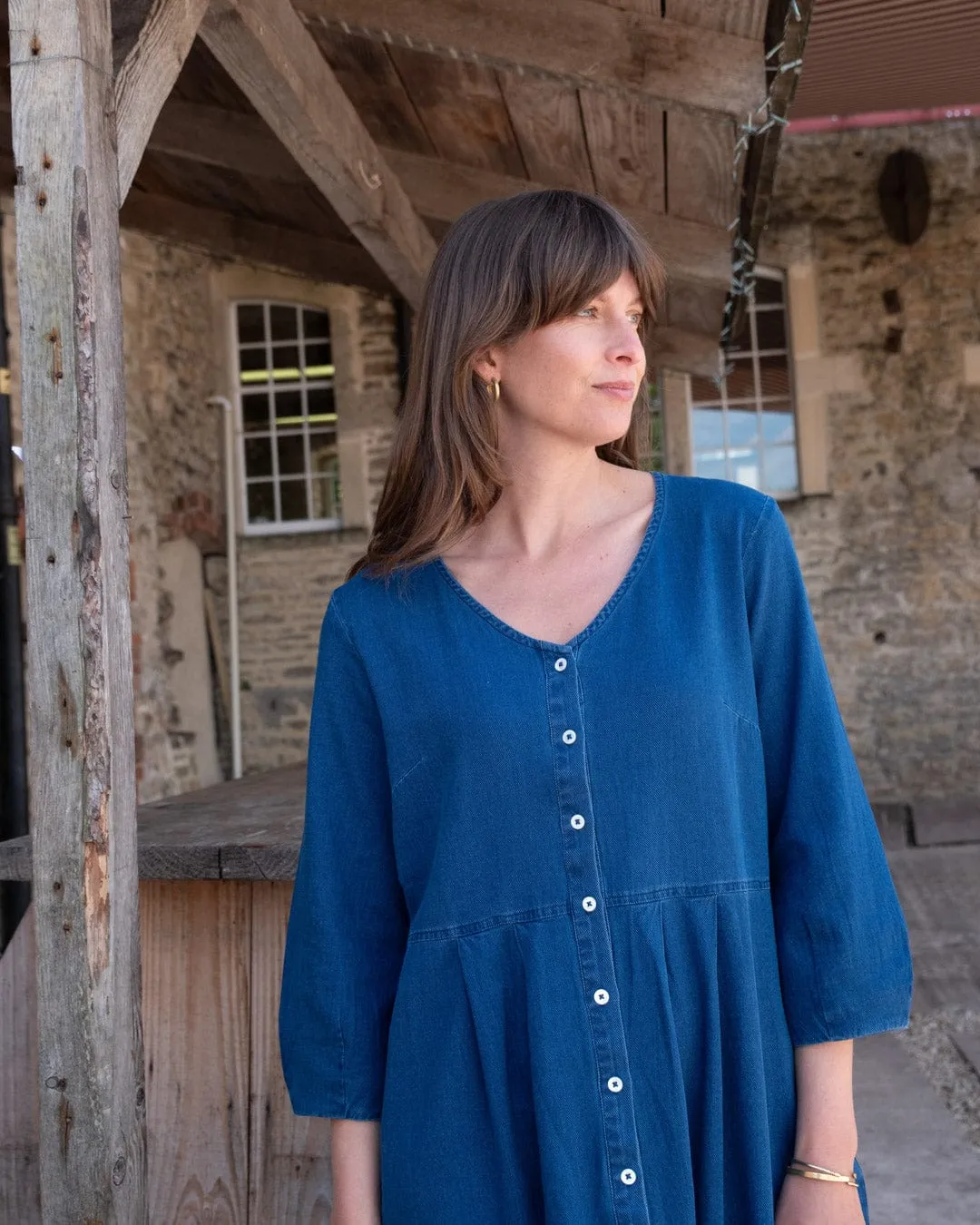 Robe mi-longue en coton pour femme Jane | Denim texturé