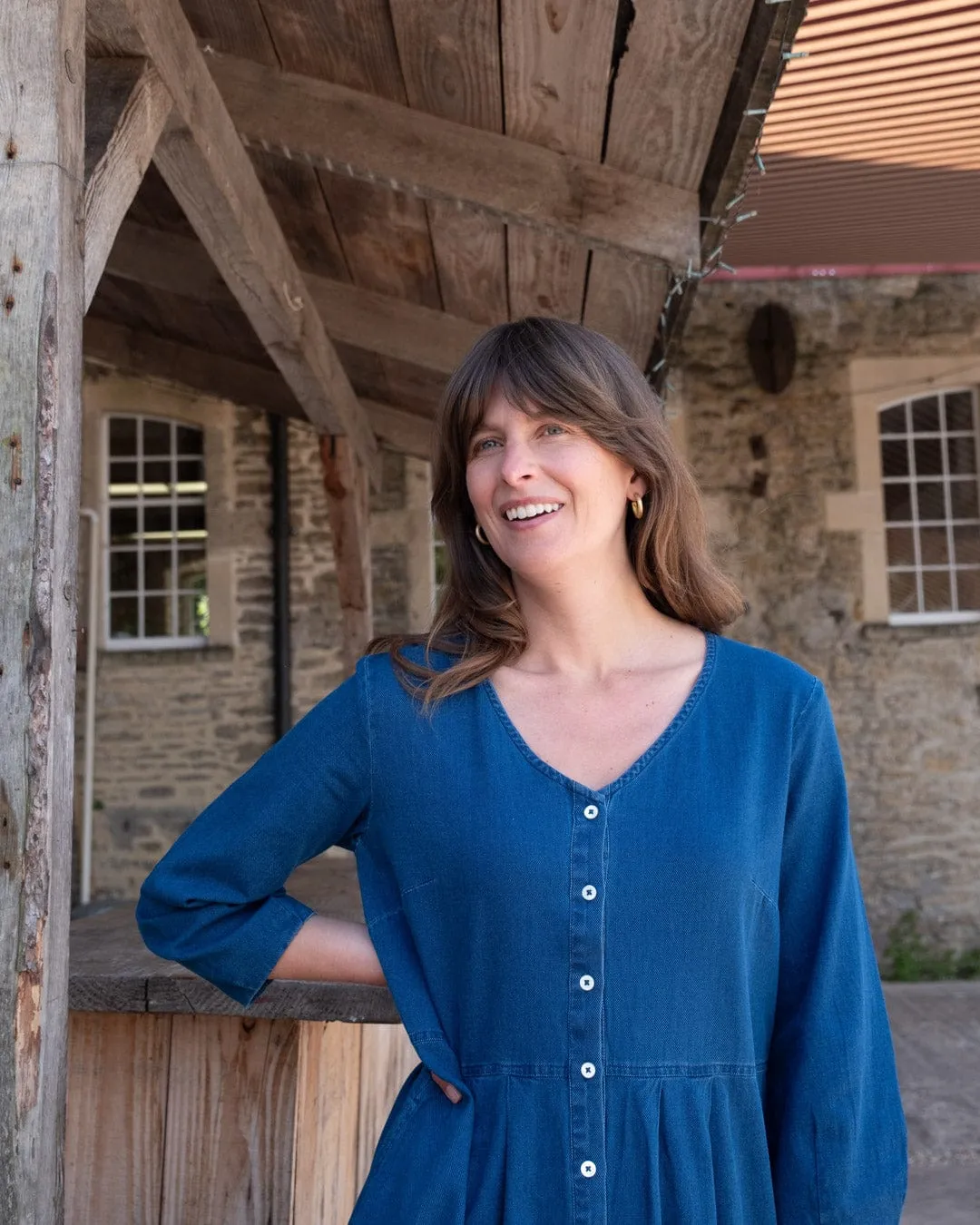 Robe mi-longue en coton pour femme Jane | Denim texturé