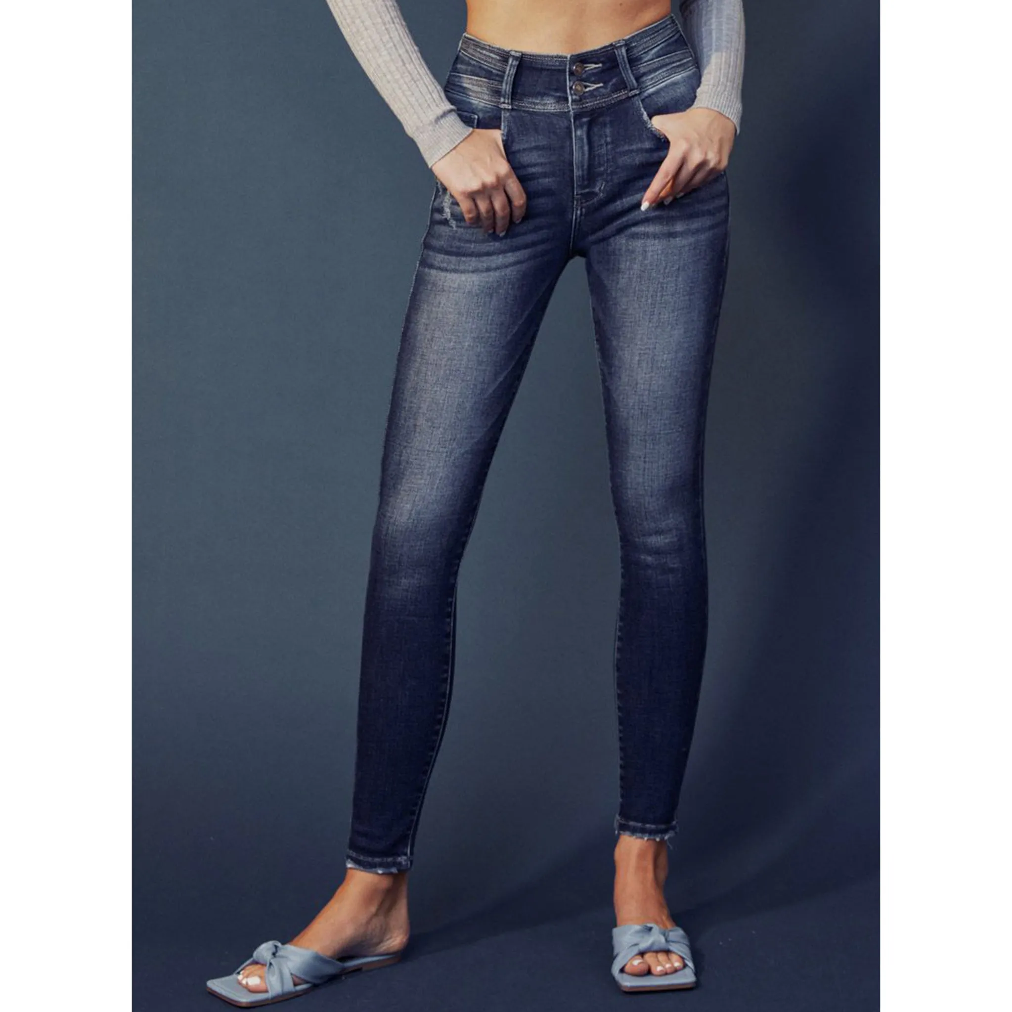 KanCan Jean Skinny à Double Bouton et Taille Haute