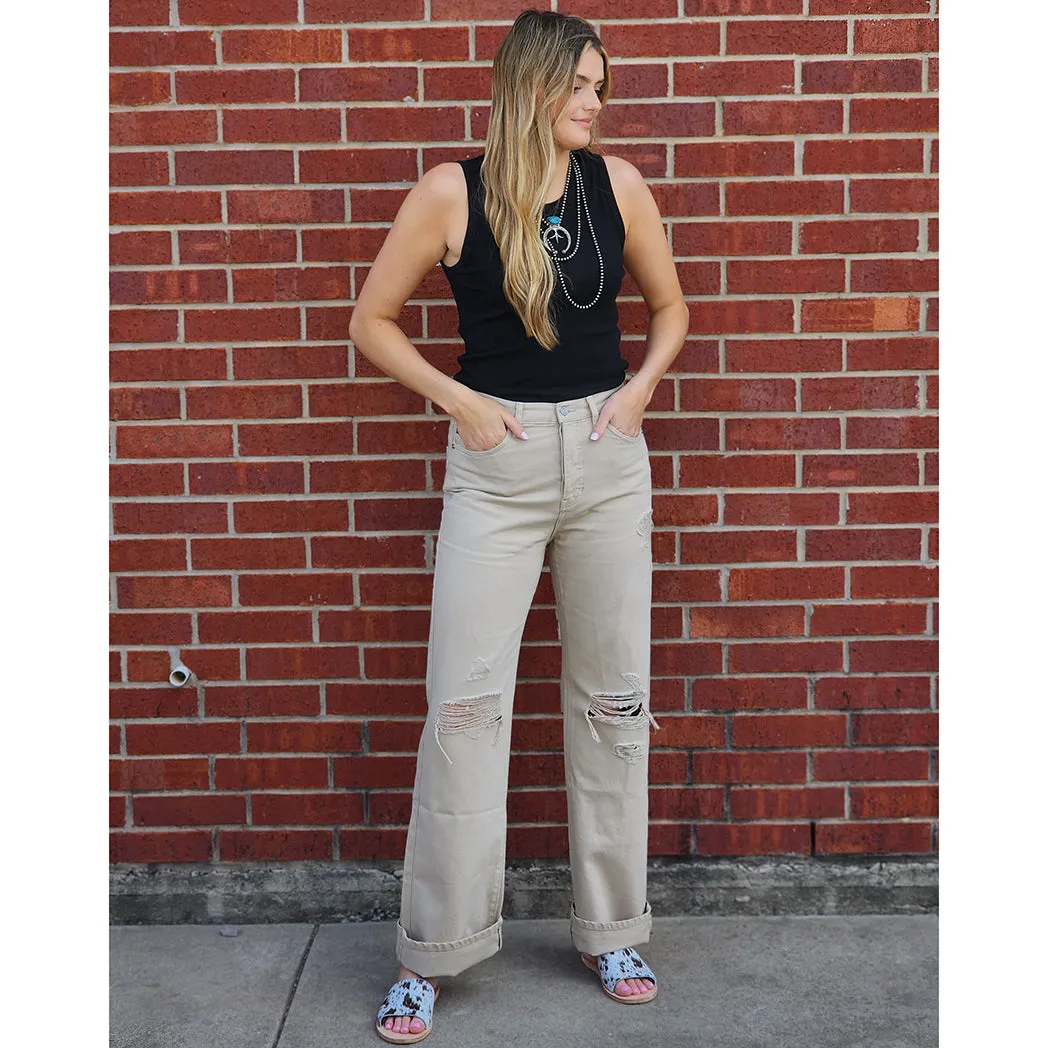 KanCan Jean Large Jambe Ultra Haute Taille des Années 90 en Taupe