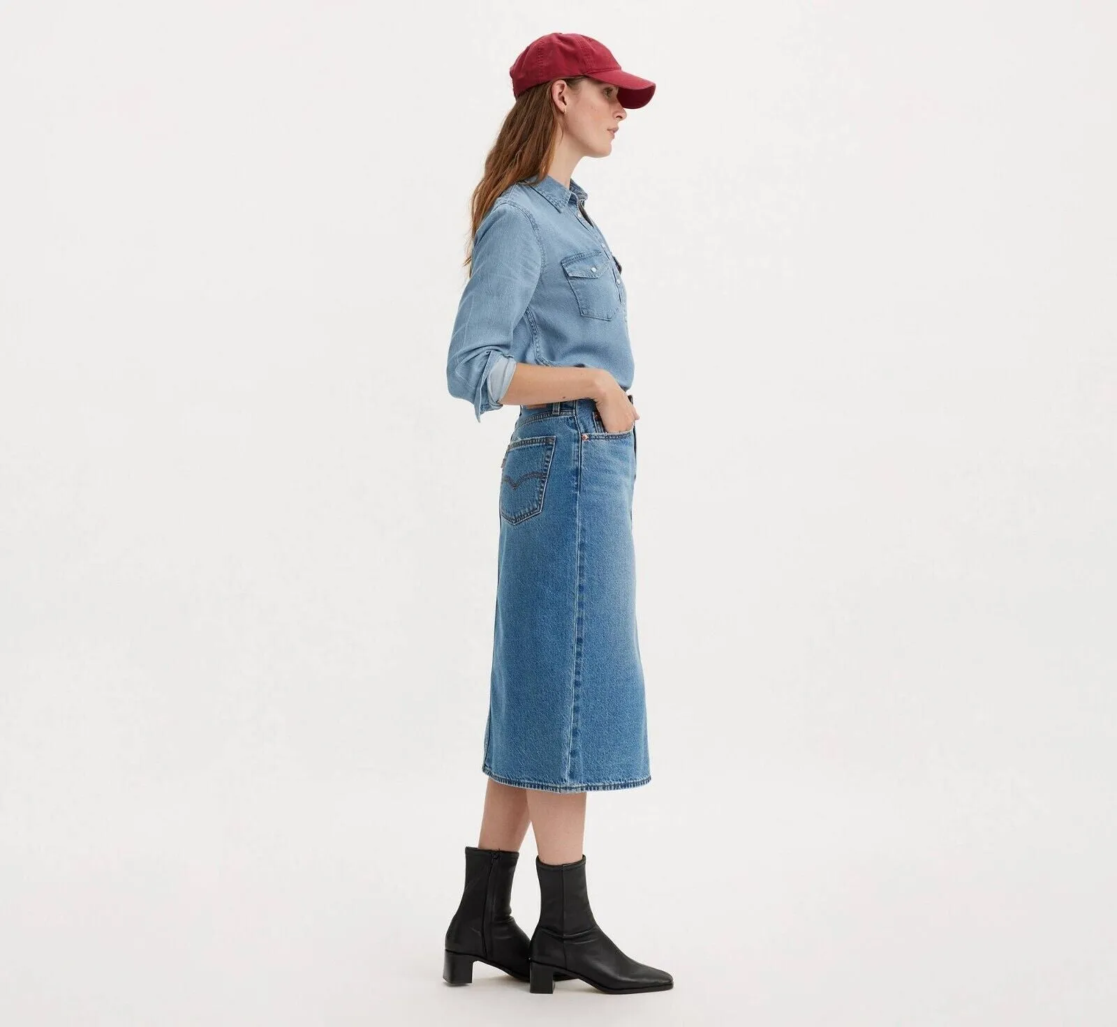 Jupe Levi's Femme Taille 27 Bleu Coton Denim Lavage Moyen Fente Latérale Crayon VDA148