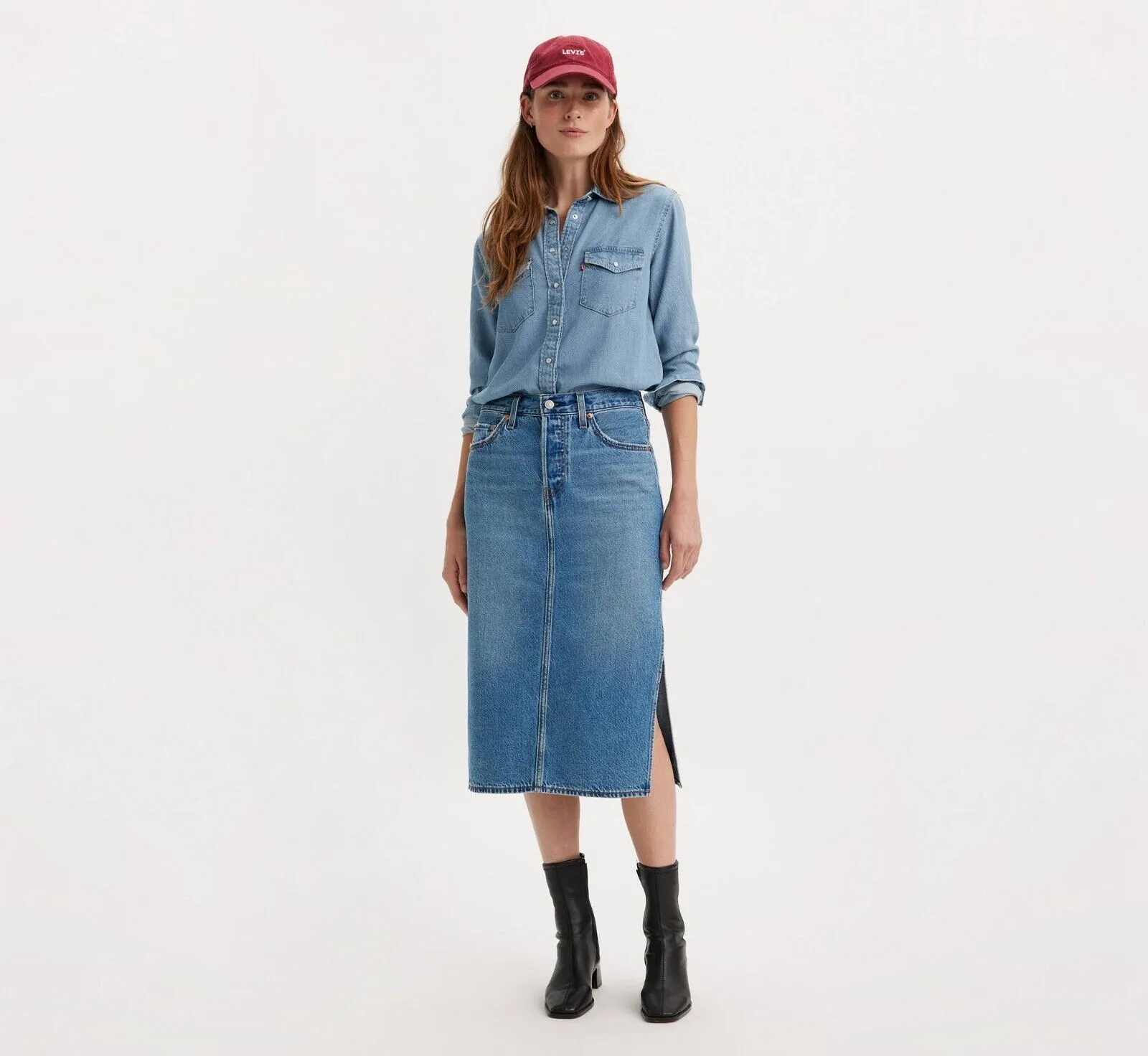 Jupe Levi's Femme Taille 27 Bleu Coton Denim Lavage Moyen Fente Latérale Crayon VDA148
