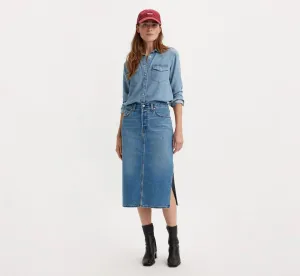 Jupe Levi's Femme Taille 27 Bleu Coton Denim Lavage Moyen Fente Latérale Crayon VDA148