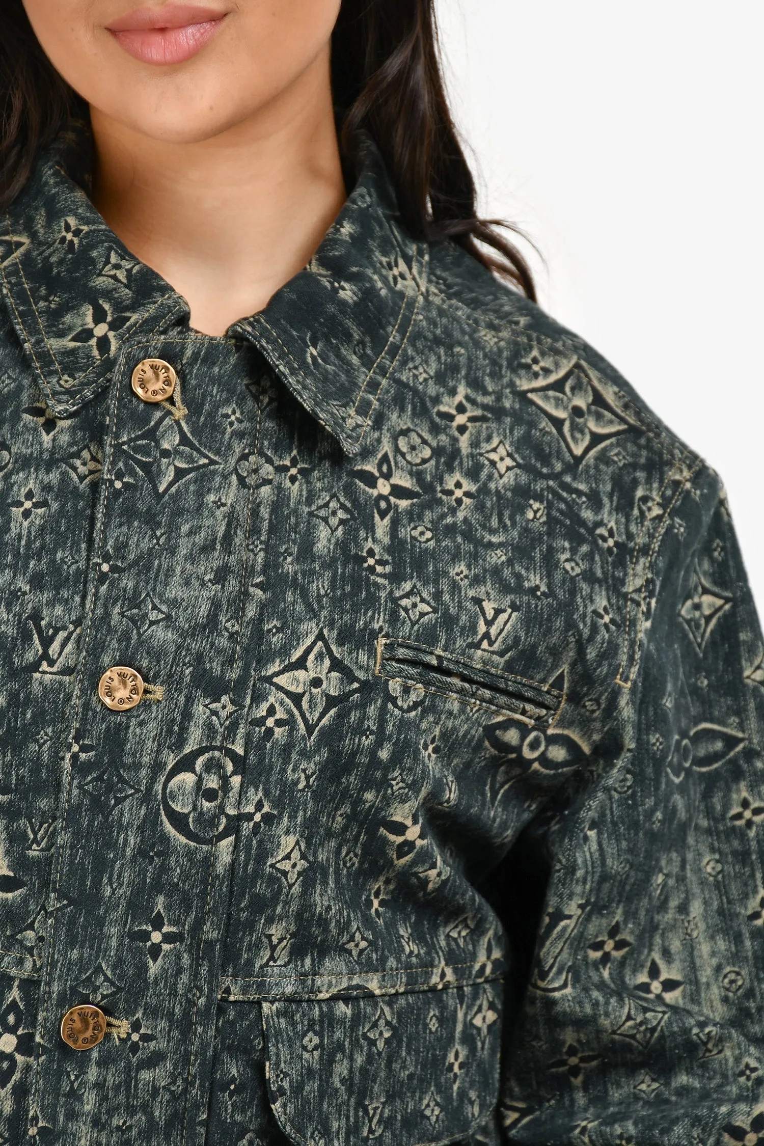 Veste à fermeture éclair Louis Vuitton en denim bleu étoilé avec monogramme Taille 50 Homme