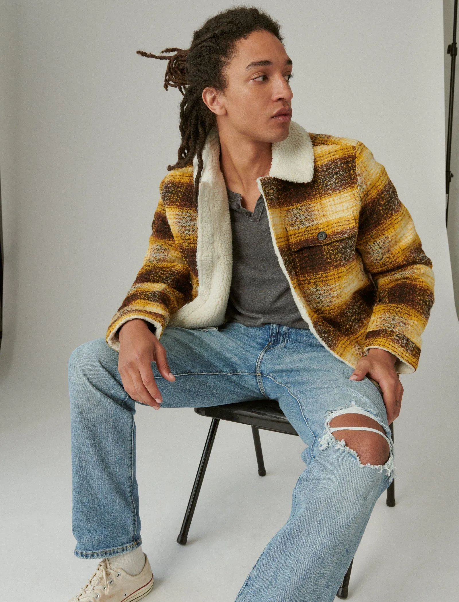 Lucky Brand Veste en laine à carreaux doublée de fausse peau de mouton - Carreaux jaunes Lucky Brand
