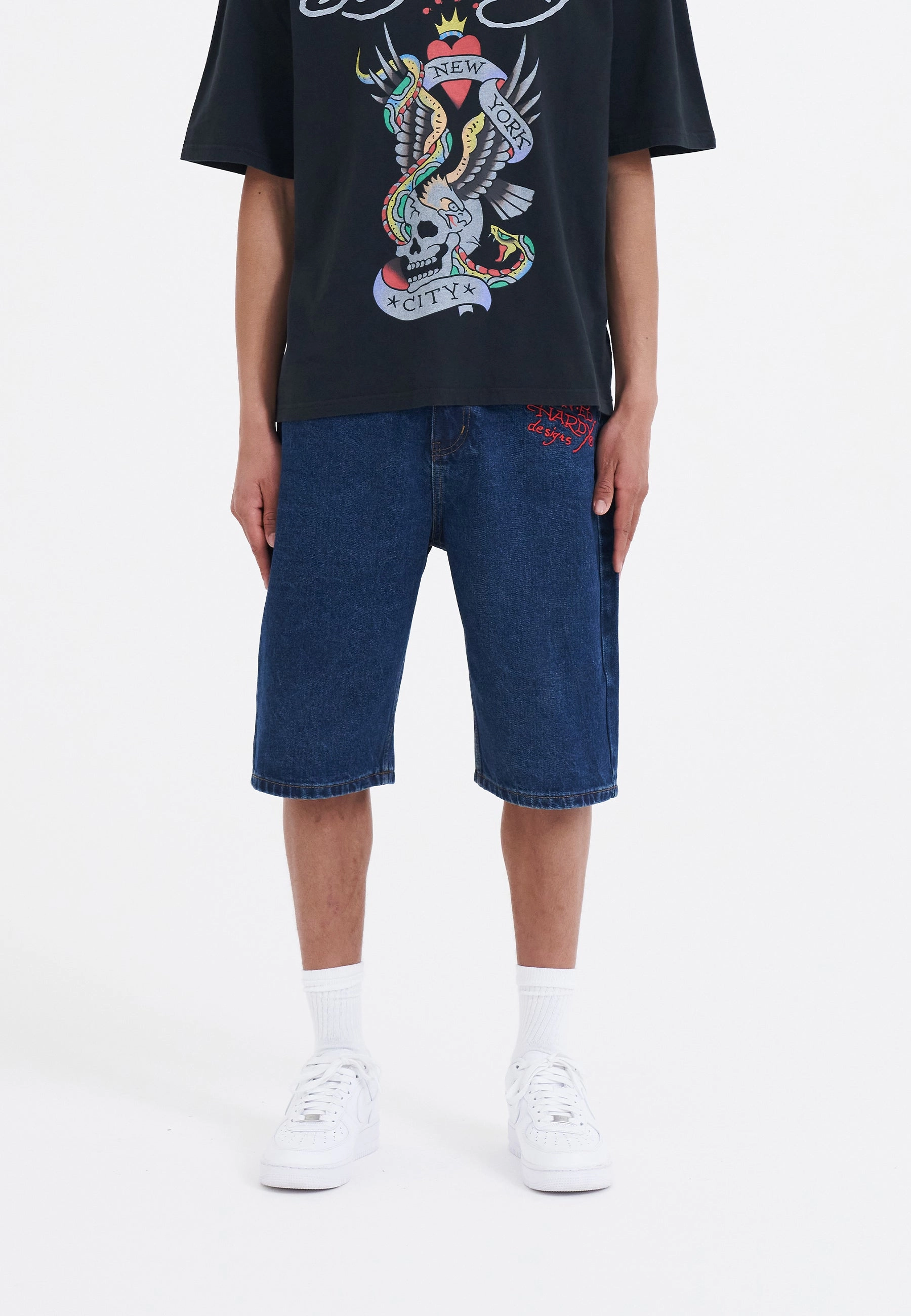 Mens Nyc Skull Denim Jorts Shorts - Indigo