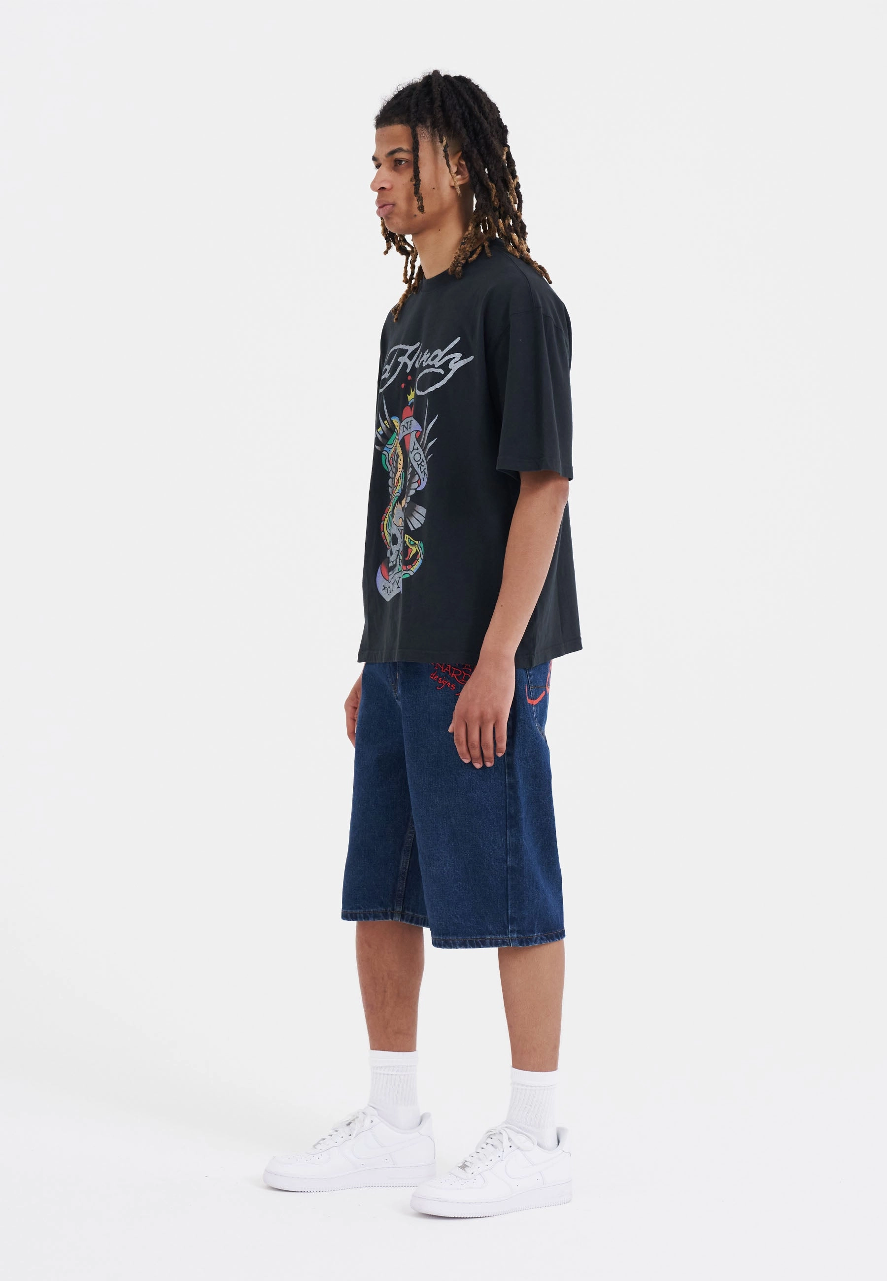 Mens Nyc Skull Denim Jorts Shorts - Indigo