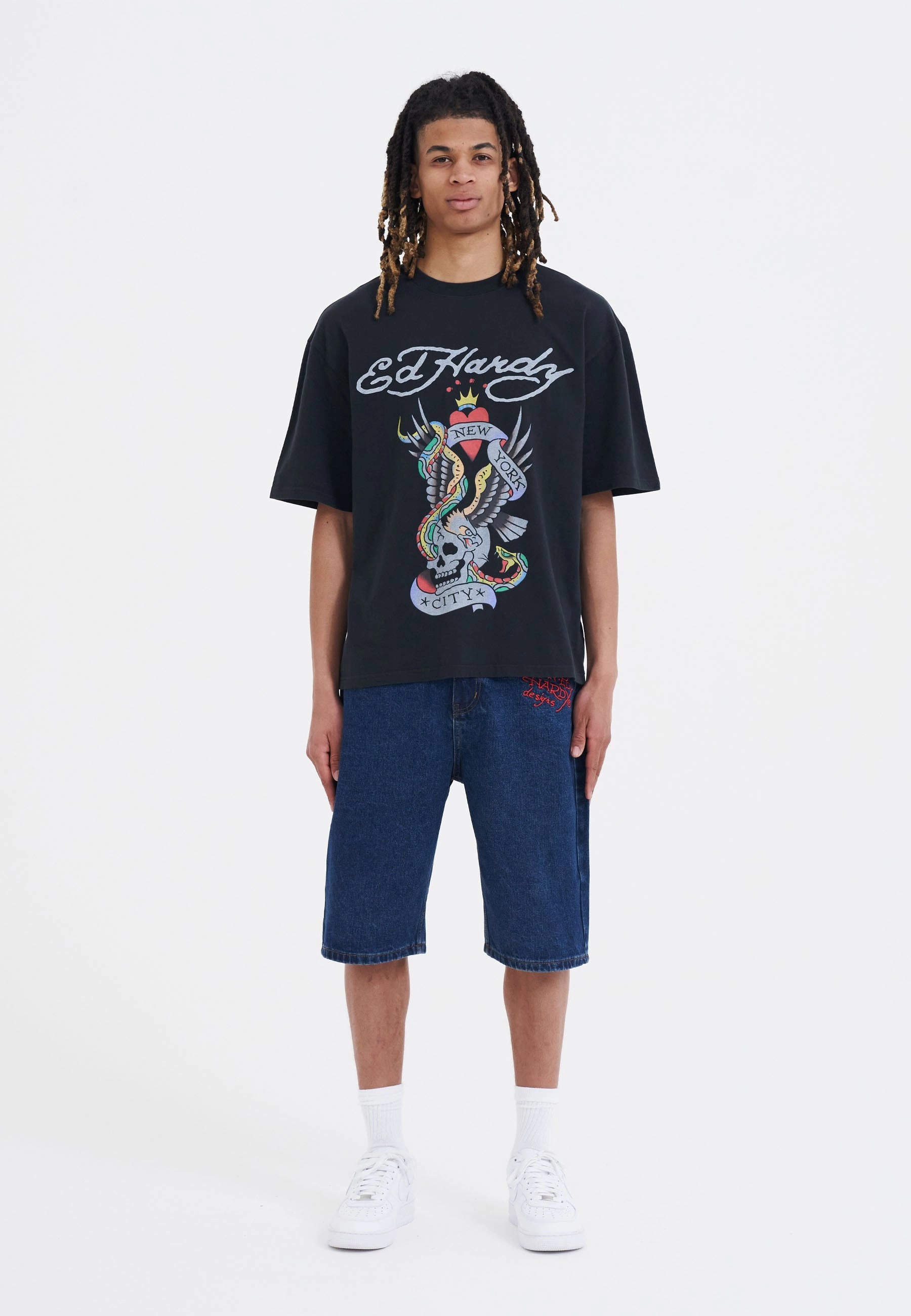 Mens Nyc Skull Denim Jorts Shorts - Indigo