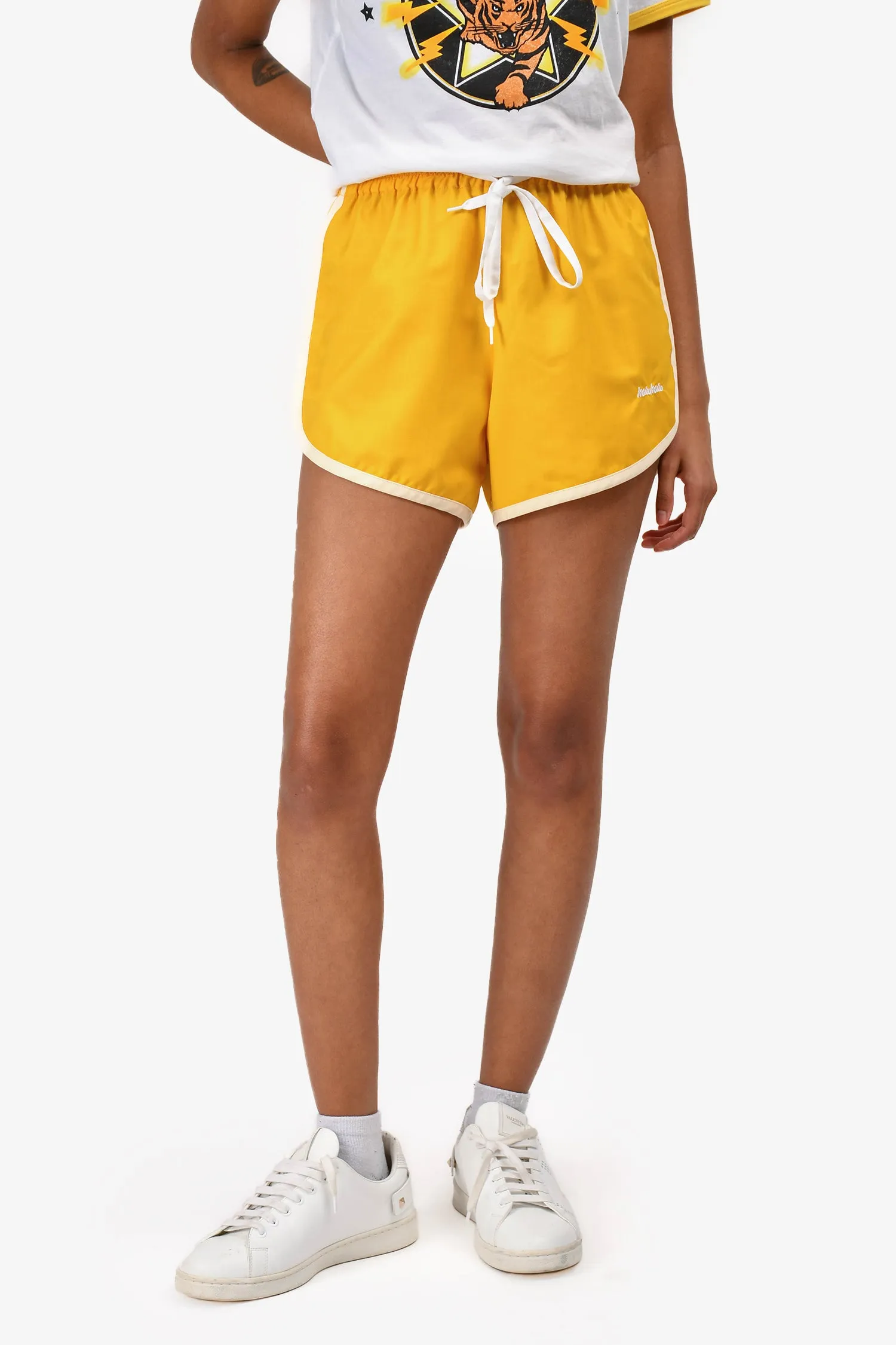 Miu Miu 2018 Shorts en nylon jaune à cordon taille 38