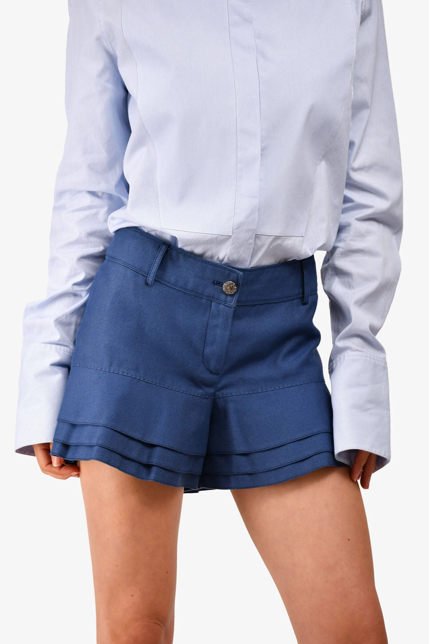Chanel™ Shorts en Denim Bleu à Volants CC Taille 38 d'Occasion