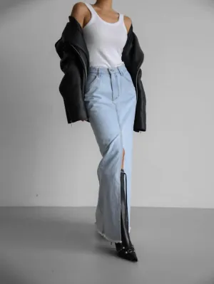 Jupe longue en denim à ourlet brut, lavage clair