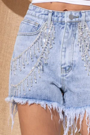 Short en jean à franges avec strass