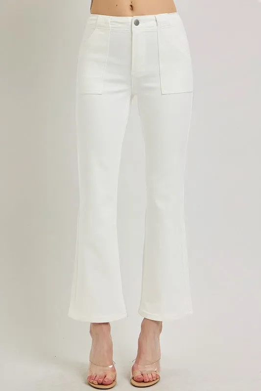 Jeans Risen à Haute Taille avec Poches Patch et Ourlet en Trompette