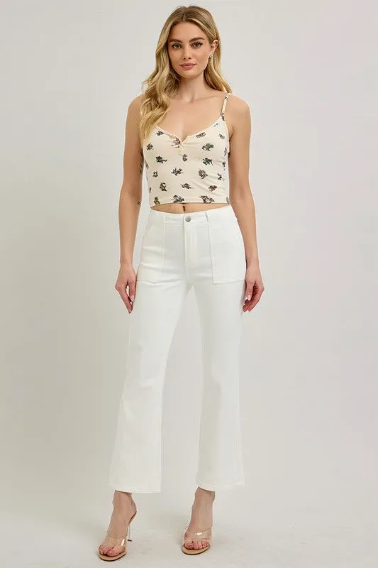 Jeans Risen à Haute Taille avec Poches Patch et Ourlet en Trompette