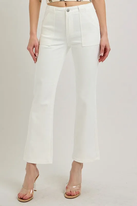 Jeans Risen à Haute Taille avec Poches Patch et Ourlet en Trompette