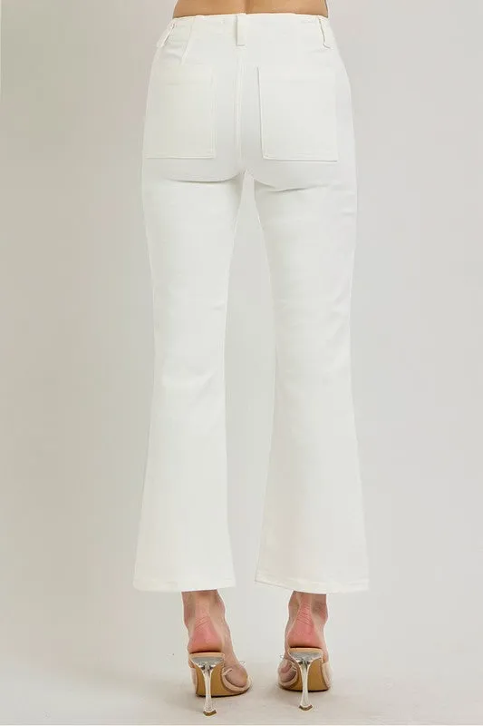 Jeans Risen à Haute Taille avec Poches Patch et Ourlet en Trompette