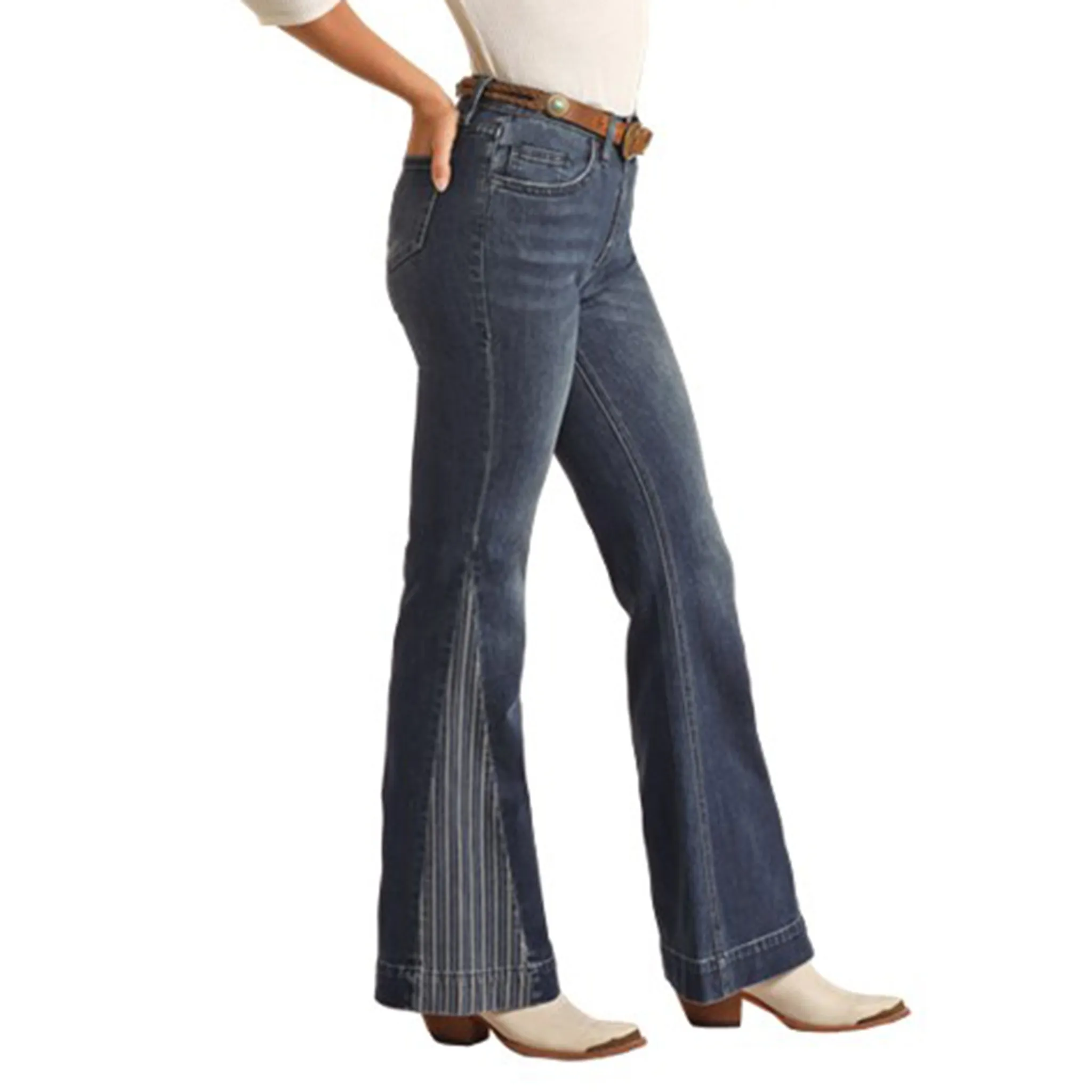 Pantalon pour Femme Rock & Roll à Lavage Foncé avec Jambe Rayée