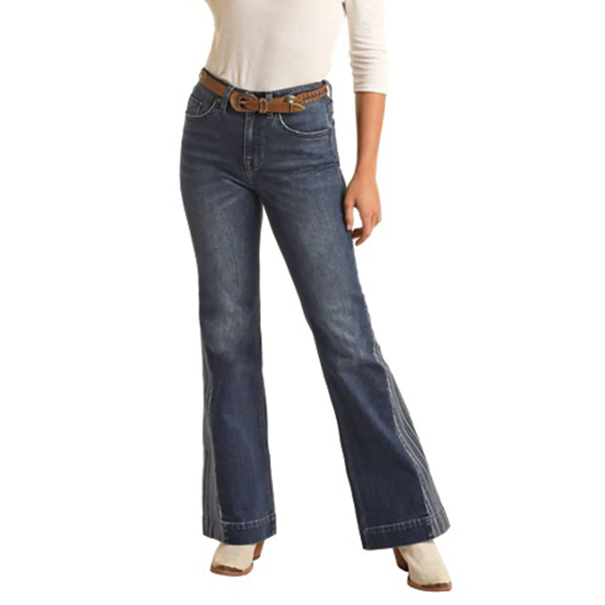 Pantalon pour Femme Rock & Roll à Lavage Foncé avec Jambe Rayée