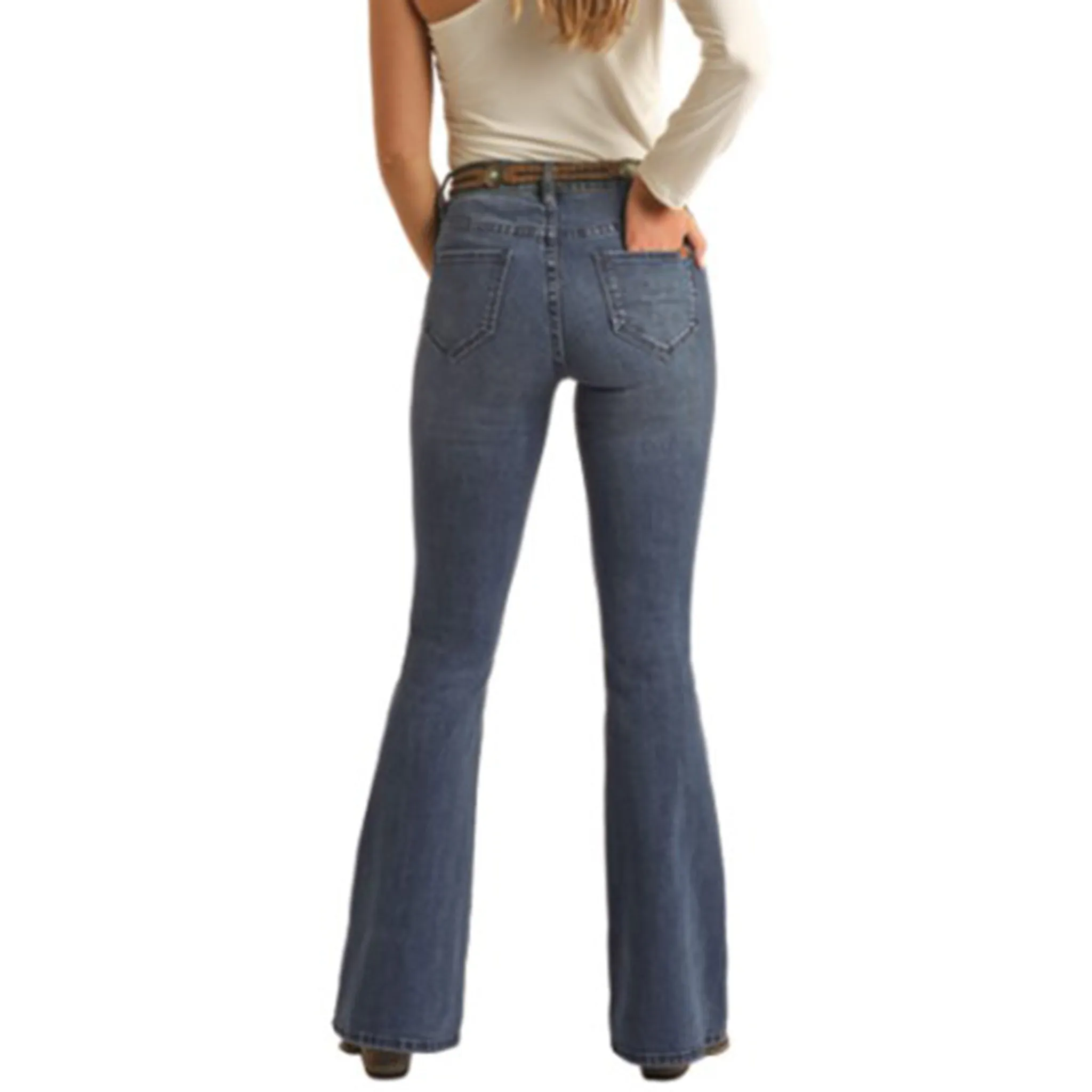 Jeans Femme Rock & Roll à Lavage Moyen avec Boutons et Patte Évasée
