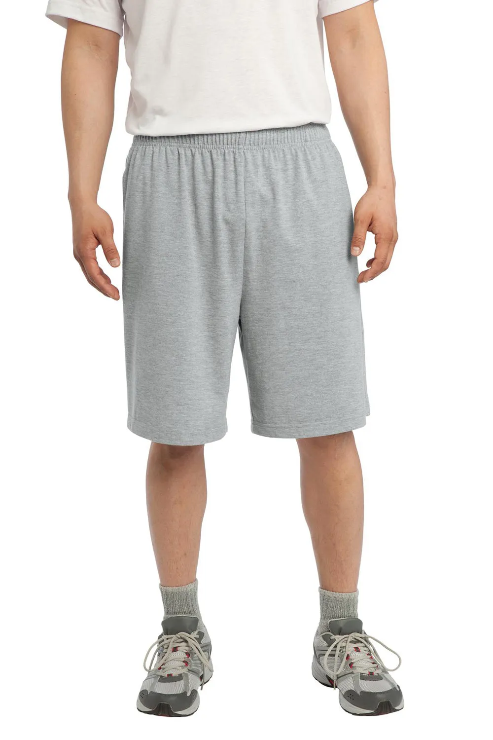 Sport-Tek Shorts Homme en Maille Jersey avec Poches - Gris Chiné