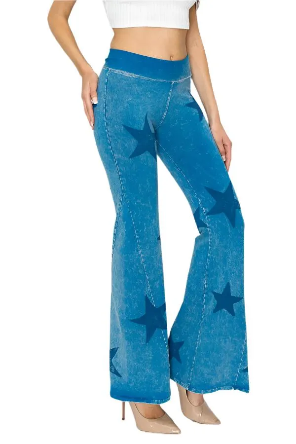 Pantalon évasé T-Party à taille pliée et imprimé étoile avec lavage minéral CJ75491 Bleu