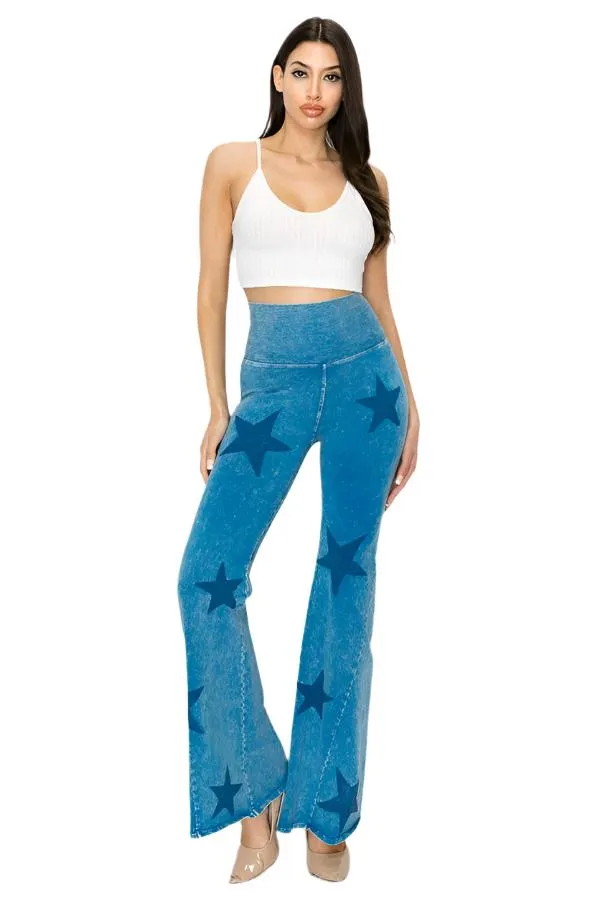 Pantalon évasé T-Party à taille pliée et imprimé étoile avec lavage minéral CJ75491 Bleu