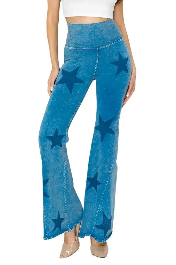 Pantalon évasé T-Party à taille pliée et imprimé étoile avec lavage minéral CJ75491 Bleu