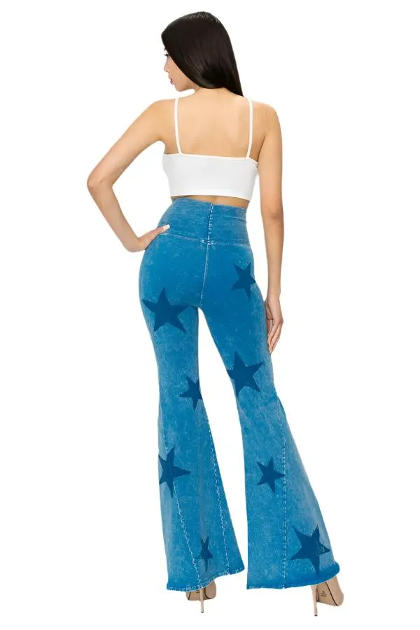 Pantalon évasé T-Party à taille pliée et imprimé étoile avec lavage minéral CJ75491 Bleu