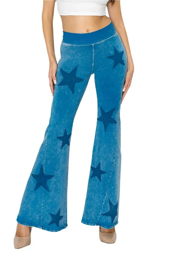 Pantalon évasé T-Party à taille pliée et imprimé étoile avec lavage minéral CJ75491 Bleu